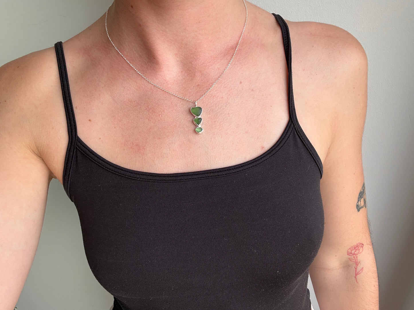 triple green sea glass necklace