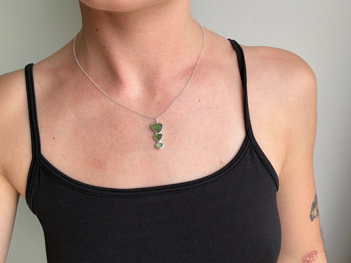 triple green sea glass necklace