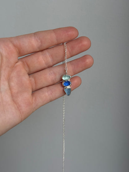 triple blue sea glass necklace
