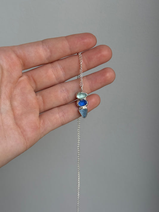 triple blue sea glass necklace