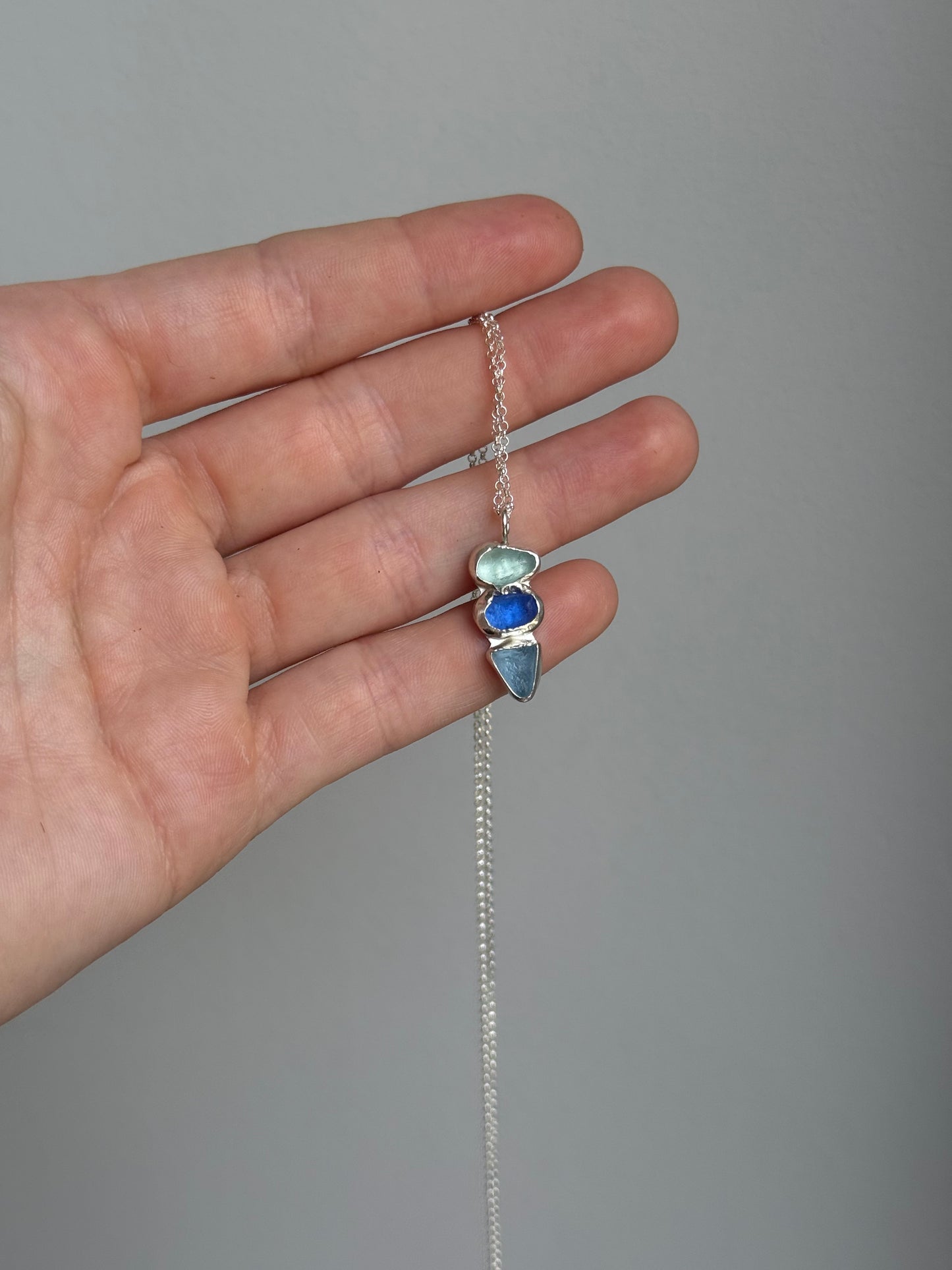 triple blue sea glass necklace