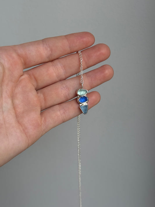 triple blue sea glass necklace