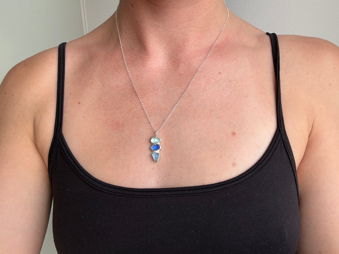 triple blue sea glass necklace