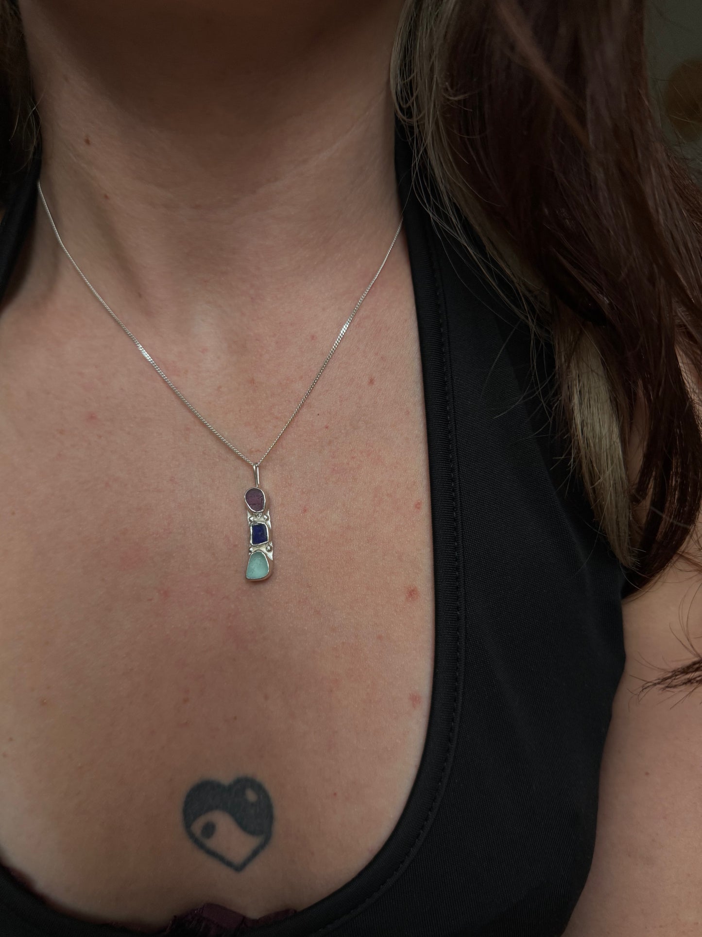 seaglass trio pendant - purple, cobalt + aqua